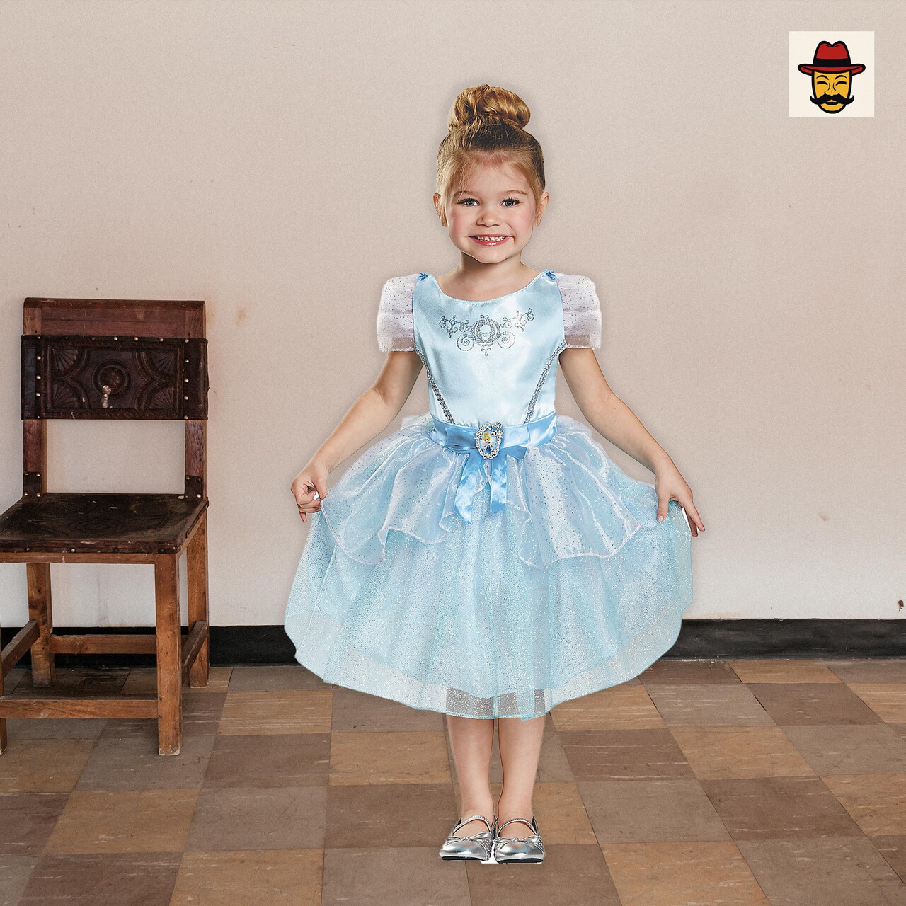 Girls Disney Cinderella Costume Blue Satin Dress Tulle Skirt Character Cameo